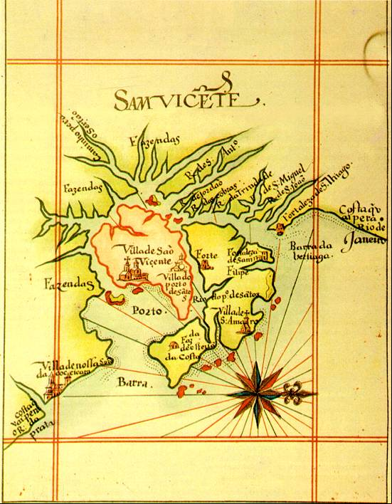Reprodução de mapa do fim do século XVI, citando a Vila do Porto de Santos